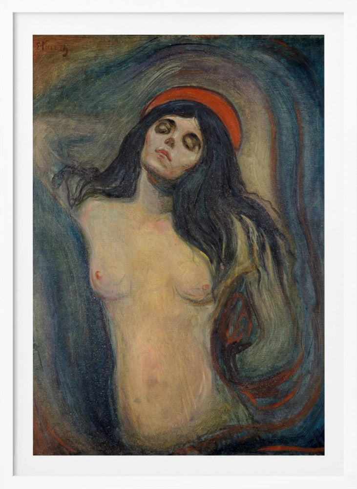 An expressionist painting of a woman, 'Madonna' by Edvard Munch. The woman is shown from the chest up, nude, with long dark hair. Her head is tilted back, eyes closed in a state of ecstasy, and she wears a red halo. The background is a swirling mix of dark blues, purples, and greens. Print