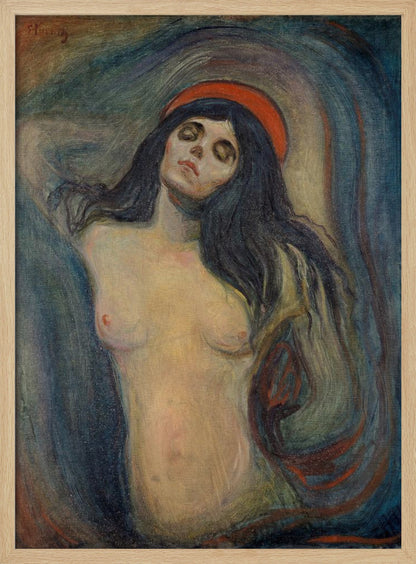 An expressionist painting of a woman, 'Madonna' by Edvard Munch. The woman is shown from the chest up, nude, with long dark hair. Her head is tilted back, eyes closed in a state of ecstasy, and she wears a red halo. The background is a swirling mix of dark blues, purples, and greens. Print