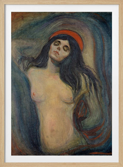 An expressionist painting of a woman, 'Madonna' by Edvard Munch. The woman is shown from the chest up, nude, with long dark hair. Her head is tilted back, eyes closed in a state of ecstasy, and she wears a red halo. The background is a swirling mix of dark blues, purples, and greens. Print