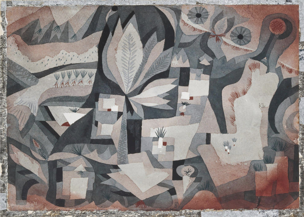 An abstract watercolor painting by Paul Klee featuring a complex composition of overlapping geometric and organic shapes in a muted palette of gray, black, and reddish-brown. The artwork deconstructs a natural scene, showing stylized plants, leaves, and landscape elements, with two prominent eye-like shapes in the upper right. The painting is displayed in a textured silver frame. Artwork