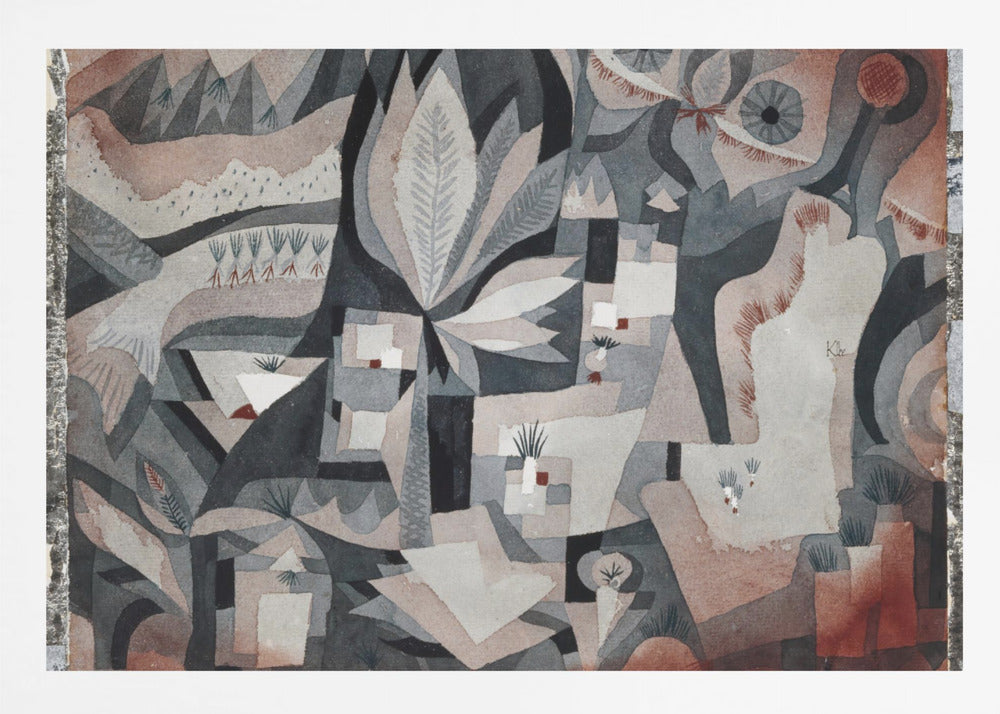 An abstract watercolor painting by Paul Klee featuring a complex composition of overlapping geometric and organic shapes in a muted palette of gray, black, and reddish-brown. The artwork deconstructs a natural scene, showing stylized plants, leaves, and landscape elements, with two prominent eye-like shapes in the upper right. The painting is displayed in a textured silver frame. Artwork