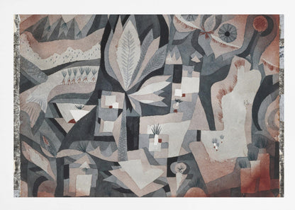 An abstract watercolor painting by Paul Klee featuring a complex composition of overlapping geometric and organic shapes in a muted palette of gray, black, and reddish-brown. The artwork deconstructs a natural scene, showing stylized plants, leaves, and landscape elements, with two prominent eye-like shapes in the upper right. The painting is displayed in a textured silver frame. Artwork