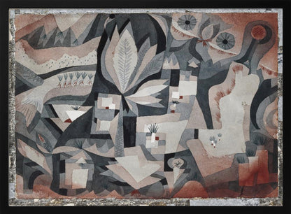 An abstract watercolor painting by Paul Klee featuring a complex composition of overlapping geometric and organic shapes in a muted palette of gray, black, and reddish-brown. The artwork deconstructs a natural scene, showing stylized plants, leaves, and landscape elements, with two prominent eye-like shapes in the upper right. The painting is displayed in a textured silver frame. Artwork