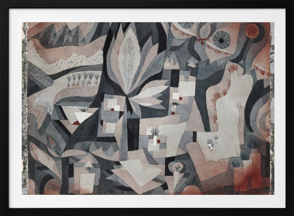 An abstract watercolor painting by Paul Klee featuring a complex composition of overlapping geometric and organic shapes in a muted palette of gray, black, and reddish-brown. The artwork deconstructs a natural scene, showing stylized plants, leaves, and landscape elements, with two prominent eye-like shapes in the upper right. The painting is displayed in a textured silver frame. Artwork