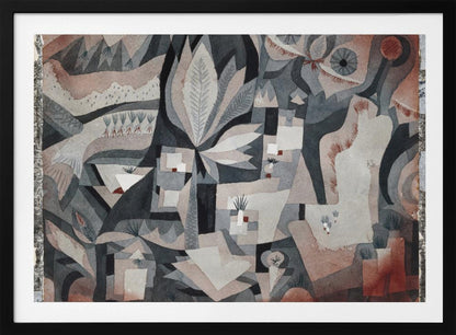 An abstract watercolor painting by Paul Klee featuring a complex composition of overlapping geometric and organic shapes in a muted palette of gray, black, and reddish-brown. The artwork deconstructs a natural scene, showing stylized plants, leaves, and landscape elements, with two prominent eye-like shapes in the upper right. The painting is displayed in a textured silver frame. Artwork