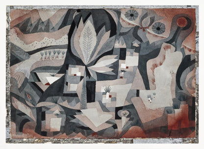 An abstract watercolor painting by Paul Klee featuring a complex composition of overlapping geometric and organic shapes in a muted palette of gray, black, and reddish-brown. The artwork deconstructs a natural scene, showing stylized plants, leaves, and landscape elements, with two prominent eye-like shapes in the upper right. The painting is displayed in a textured silver frame. Artwork