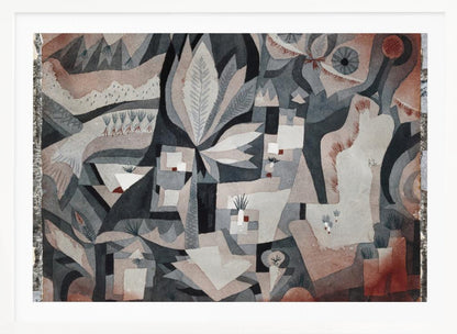 An abstract watercolor painting by Paul Klee featuring a complex composition of overlapping geometric and organic shapes in a muted palette of gray, black, and reddish-brown. The artwork deconstructs a natural scene, showing stylized plants, leaves, and landscape elements, with two prominent eye-like shapes in the upper right. The painting is displayed in a textured silver frame. Artwork