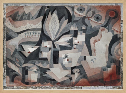 An abstract watercolor painting by Paul Klee featuring a complex composition of overlapping geometric and organic shapes in a muted palette of gray, black, and reddish-brown. The artwork deconstructs a natural scene, showing stylized plants, leaves, and landscape elements, with two prominent eye-like shapes in the upper right. The painting is displayed in a textured silver frame. Artwork