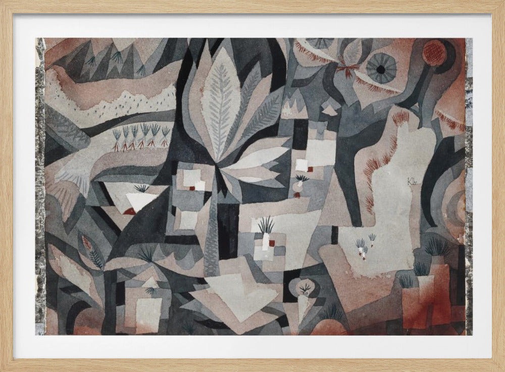 An abstract watercolor painting by Paul Klee featuring a complex composition of overlapping geometric and organic shapes in a muted palette of gray, black, and reddish-brown. The artwork deconstructs a natural scene, showing stylized plants, leaves, and landscape elements, with two prominent eye-like shapes in the upper right. The painting is displayed in a textured silver frame. Artwork