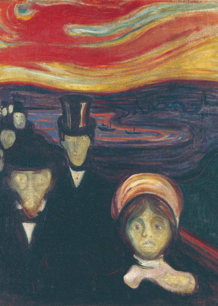 A vertical painting by Edvard Munch titled 'Anxiety,' depicting a crowd of pale, ghostly figures with anxious expressions under a turbulent, fiery red and orange sky. The figures in the foreground are dressed in dark formal wear, creating a stark contrast with the vibrant, unsettling sunset. Print