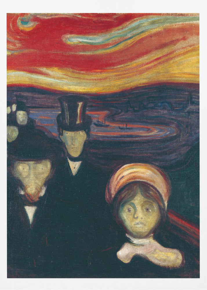 A vertical painting by Edvard Munch titled 'Anxiety,' depicting a crowd of pale, ghostly figures with anxious expressions under a turbulent, fiery red and orange sky. The figures in the foreground are dressed in dark formal wear, creating a stark contrast with the vibrant, unsettling sunset. Print