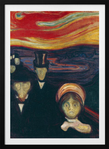 A vertical painting by Edvard Munch titled 'Anxiety,' depicting a crowd of pale, ghostly figures with anxious expressions under a turbulent, fiery red and orange sky. The figures in the foreground are dressed in dark formal wear, creating a stark contrast with the vibrant, unsettling sunset. Print