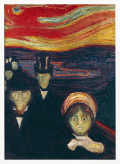 A vertical painting by Edvard Munch titled 'Anxiety,' depicting a crowd of pale, ghostly figures with anxious expressions under a turbulent, fiery red and orange sky. The figures in the foreground are dressed in dark formal wear, creating a stark contrast with the vibrant, unsettling sunset. Print