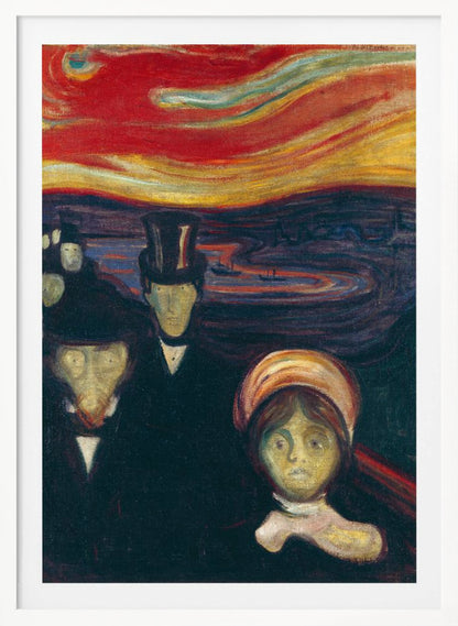 A vertical painting by Edvard Munch titled 'Anxiety,' depicting a crowd of pale, ghostly figures with anxious expressions under a turbulent, fiery red and orange sky. The figures in the foreground are dressed in dark formal wear, creating a stark contrast with the vibrant, unsettling sunset. Print
