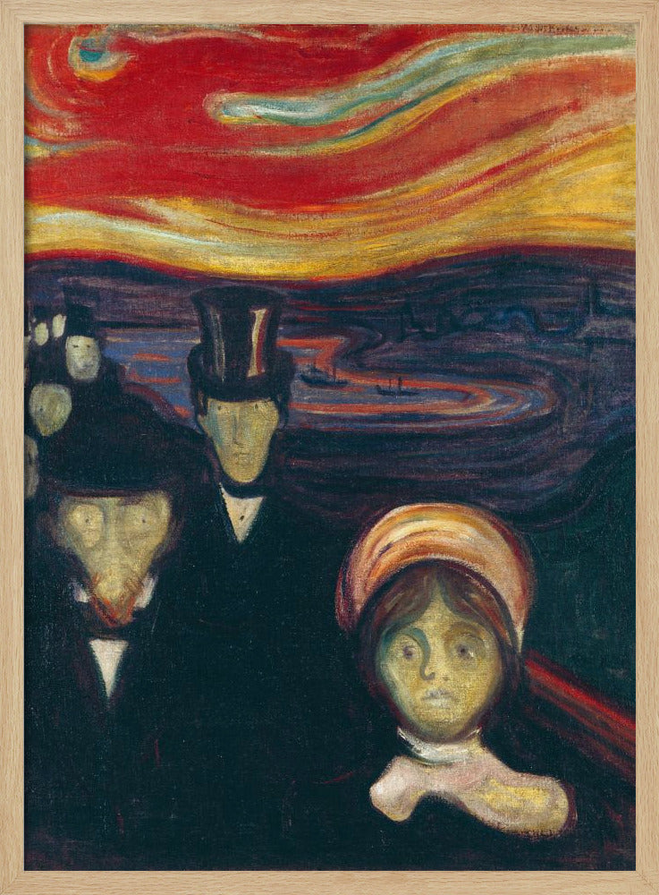 A vertical painting by Edvard Munch titled 'Anxiety,' depicting a crowd of pale, ghostly figures with anxious expressions under a turbulent, fiery red and orange sky. The figures in the foreground are dressed in dark formal wear, creating a stark contrast with the vibrant, unsettling sunset. Print