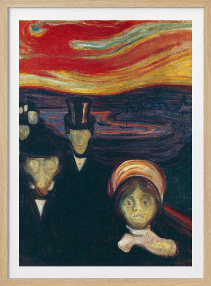 A vertical painting by Edvard Munch titled 'Anxiety,' depicting a crowd of pale, ghostly figures with anxious expressions under a turbulent, fiery red and orange sky. The figures in the foreground are dressed in dark formal wear, creating a stark contrast with the vibrant, unsettling sunset. Print