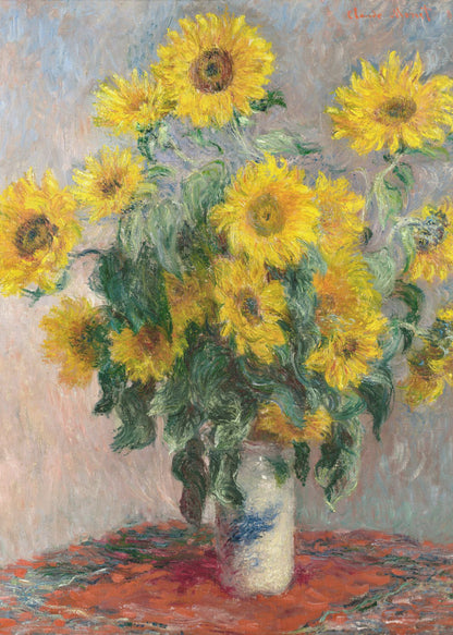 An Impressionist painting by Claude Monet titled 'Bouquet of Sunflowers'. The artwork features a vibrant bouquet of yellow sunflowers in a white and blue patterned vase, set upon a red tablecloth against a muted, textured blue-grey background. The piece is characterized by thick, visible brushstrokes and is displayed in a simple black frame. Poster