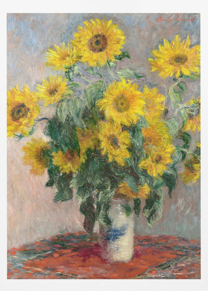 An Impressionist painting by Claude Monet titled 'Bouquet of Sunflowers'. The artwork features a vibrant bouquet of yellow sunflowers in a white and blue patterned vase, set upon a red tablecloth against a muted, textured blue-grey background. The piece is characterized by thick, visible brushstrokes and is displayed in a simple black frame. Poster