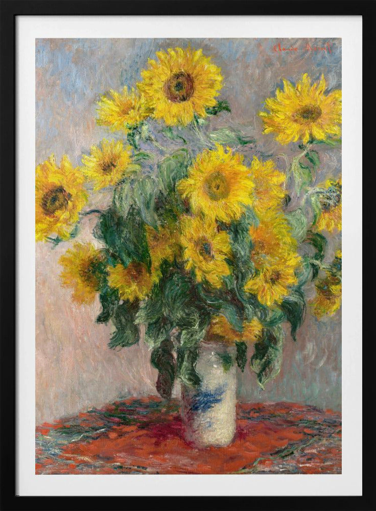 An Impressionist painting by Claude Monet titled 'Bouquet of Sunflowers'. The artwork features a vibrant bouquet of yellow sunflowers in a white and blue patterned vase, set upon a red tablecloth against a muted, textured blue-grey background. The piece is characterized by thick, visible brushstrokes and is displayed in a simple black frame. Poster