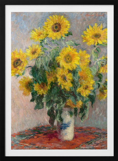 An Impressionist painting by Claude Monet titled 'Bouquet of Sunflowers'. The artwork features a vibrant bouquet of yellow sunflowers in a white and blue patterned vase, set upon a red tablecloth against a muted, textured blue-grey background. The piece is characterized by thick, visible brushstrokes and is displayed in a simple black frame. Poster