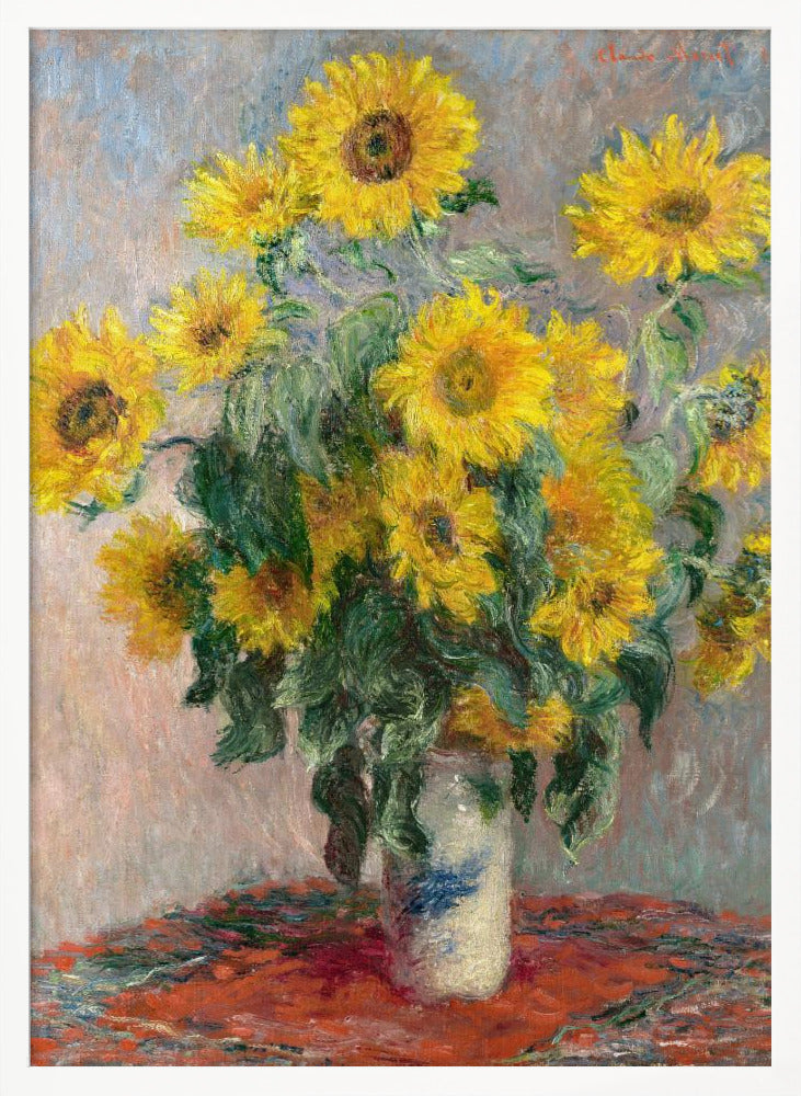 An Impressionist painting by Claude Monet titled 'Bouquet of Sunflowers'. The artwork features a vibrant bouquet of yellow sunflowers in a white and blue patterned vase, set upon a red tablecloth against a muted, textured blue-grey background. The piece is characterized by thick, visible brushstrokes and is displayed in a simple black frame. Poster
