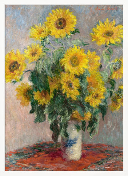 An Impressionist painting by Claude Monet titled 'Bouquet of Sunflowers'. The artwork features a vibrant bouquet of yellow sunflowers in a white and blue patterned vase, set upon a red tablecloth against a muted, textured blue-grey background. The piece is characterized by thick, visible brushstrokes and is displayed in a simple black frame. Poster