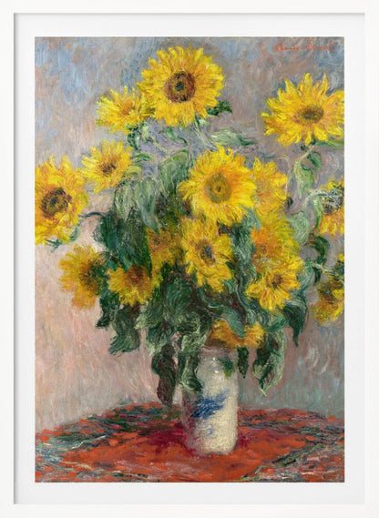 An Impressionist painting by Claude Monet titled 'Bouquet of Sunflowers'. The artwork features a vibrant bouquet of yellow sunflowers in a white and blue patterned vase, set upon a red tablecloth against a muted, textured blue-grey background. The piece is characterized by thick, visible brushstrokes and is displayed in a simple black frame. Poster
