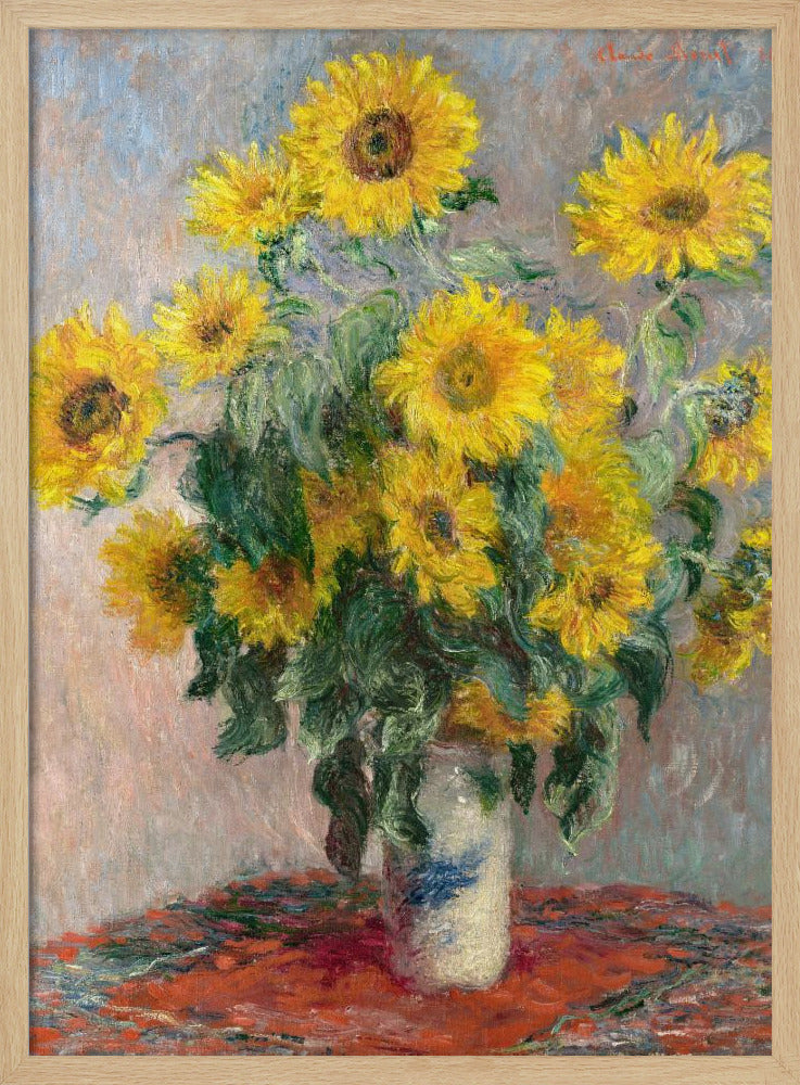 An Impressionist painting by Claude Monet titled 'Bouquet of Sunflowers'. The artwork features a vibrant bouquet of yellow sunflowers in a white and blue patterned vase, set upon a red tablecloth against a muted, textured blue-grey background. The piece is characterized by thick, visible brushstrokes and is displayed in a simple black frame. Poster