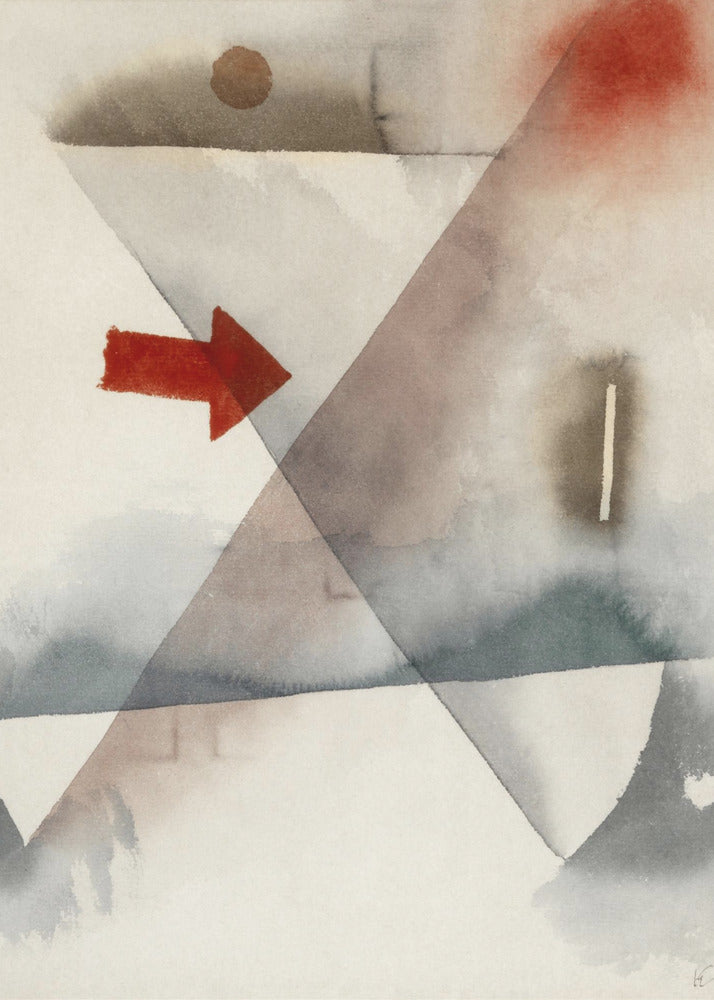 An abstract watercolor painting featuring large, overlapping triangles in muted shades of gray and brown. A vibrant, solid red arrow points to the right, creating a sharp contrast with the soft, washed background. Other subtle elements include a brown circle at the top and a splash of red in the upper right corner. Artwork