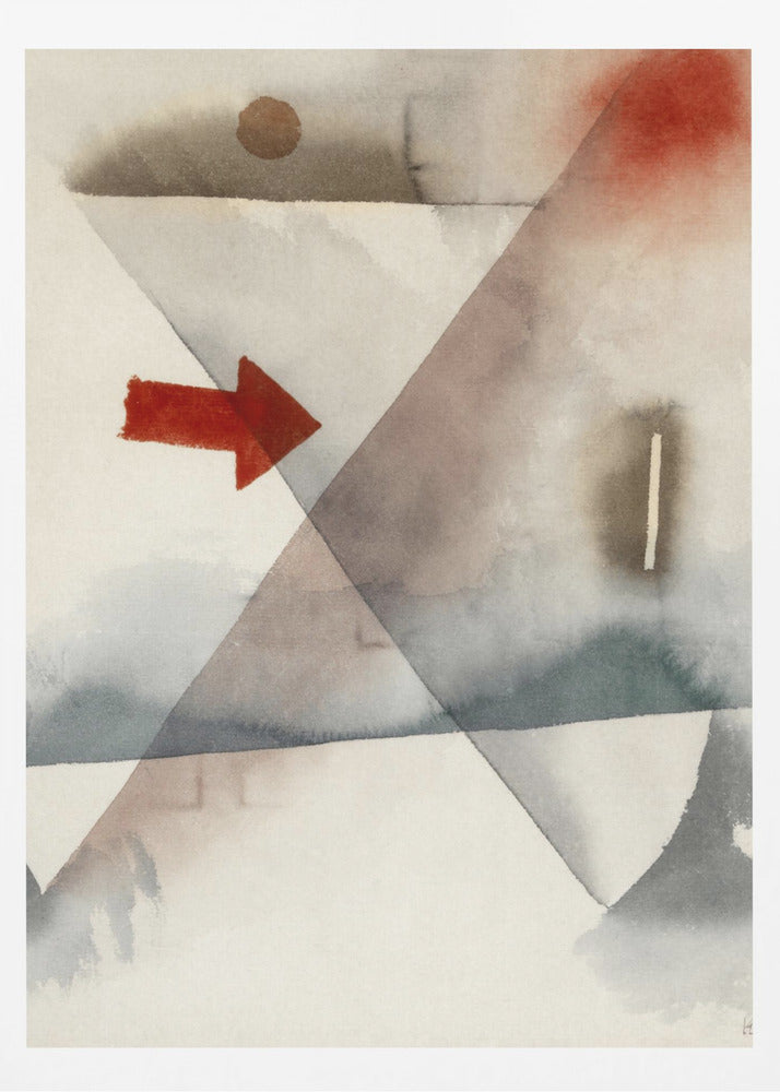 An abstract watercolor painting featuring large, overlapping triangles in muted shades of gray and brown. A vibrant, solid red arrow points to the right, creating a sharp contrast with the soft, washed background. Other subtle elements include a brown circle at the top and a splash of red in the upper right corner. Artwork