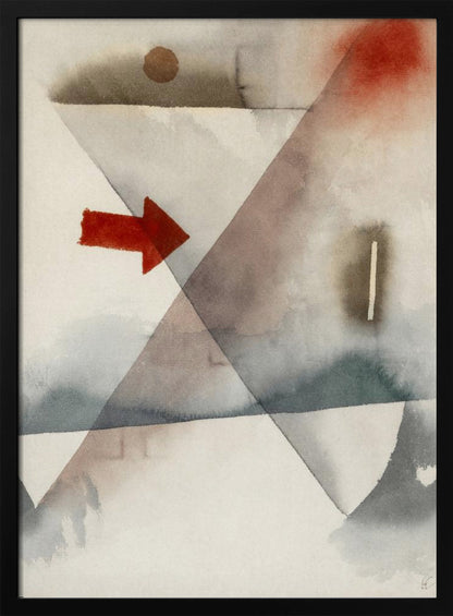 An abstract watercolor painting featuring large, overlapping triangles in muted shades of gray and brown. A vibrant, solid red arrow points to the right, creating a sharp contrast with the soft, washed background. Other subtle elements include a brown circle at the top and a splash of red in the upper right corner. Artwork