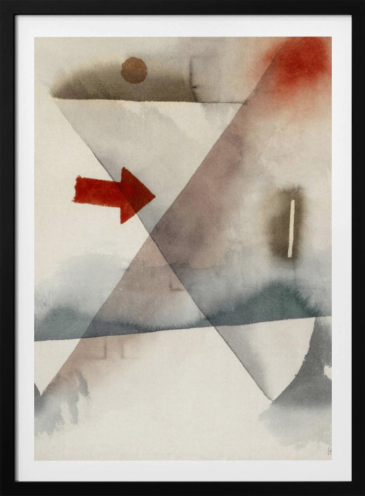 An abstract watercolor painting featuring large, overlapping triangles in muted shades of gray and brown. A vibrant, solid red arrow points to the right, creating a sharp contrast with the soft, washed background. Other subtle elements include a brown circle at the top and a splash of red in the upper right corner. Artwork