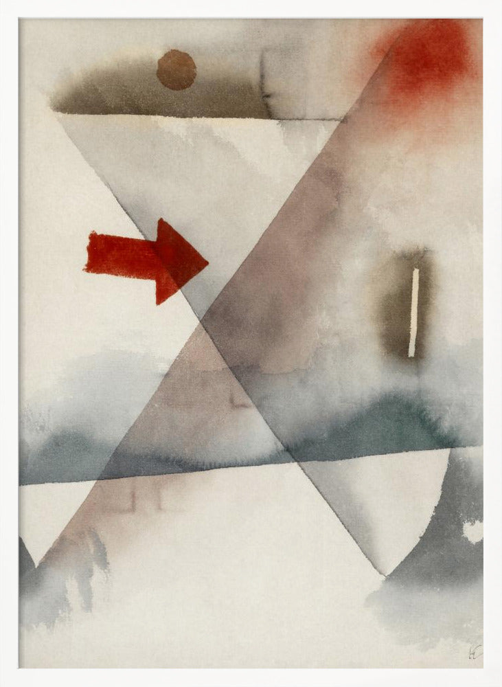 An abstract watercolor painting featuring large, overlapping triangles in muted shades of gray and brown. A vibrant, solid red arrow points to the right, creating a sharp contrast with the soft, washed background. Other subtle elements include a brown circle at the top and a splash of red in the upper right corner. Artwork