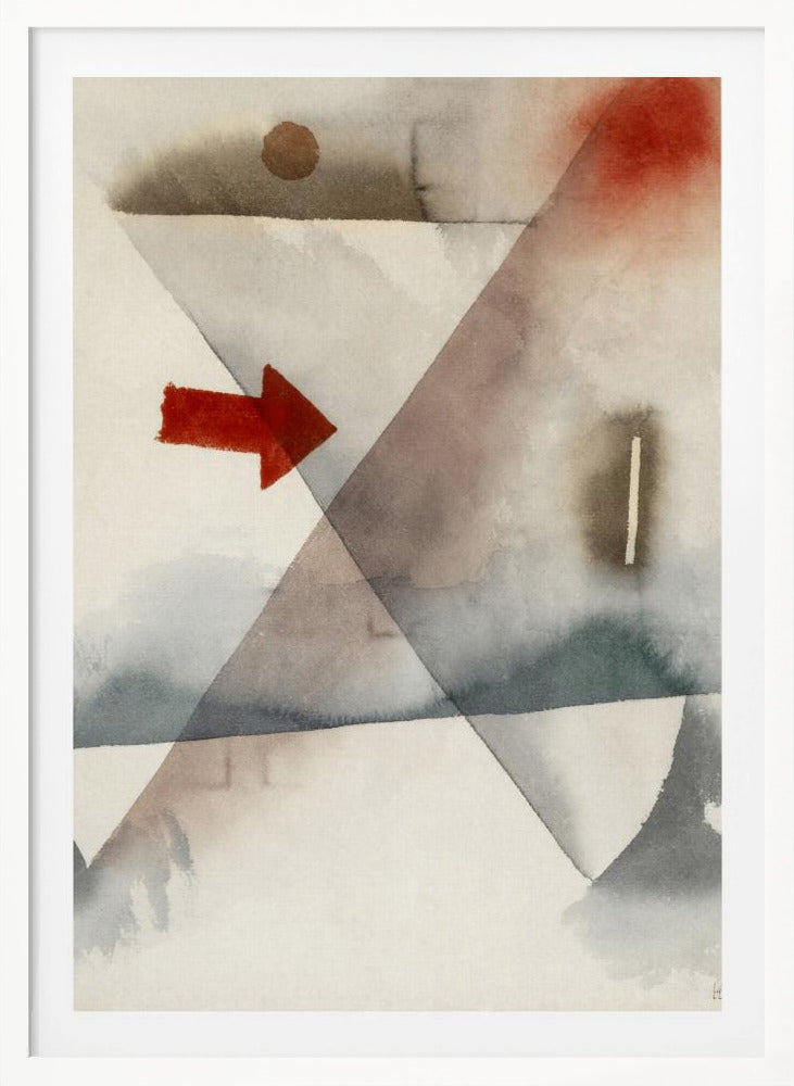 An abstract watercolor painting featuring large, overlapping triangles in muted shades of gray and brown. A vibrant, solid red arrow points to the right, creating a sharp contrast with the soft, washed background. Other subtle elements include a brown circle at the top and a splash of red in the upper right corner. Artwork
