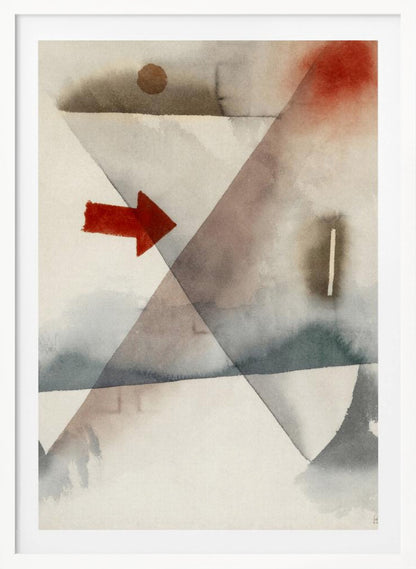 An abstract watercolor painting featuring large, overlapping triangles in muted shades of gray and brown. A vibrant, solid red arrow points to the right, creating a sharp contrast with the soft, washed background. Other subtle elements include a brown circle at the top and a splash of red in the upper right corner. Artwork