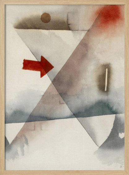 An abstract watercolor painting featuring large, overlapping triangles in muted shades of gray and brown. A vibrant, solid red arrow points to the right, creating a sharp contrast with the soft, washed background. Other subtle elements include a brown circle at the top and a splash of red in the upper right corner. Artwork