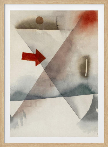 An abstract watercolor painting featuring large, overlapping triangles in muted shades of gray and brown. A vibrant, solid red arrow points to the right, creating a sharp contrast with the soft, washed background. Other subtle elements include a brown circle at the top and a splash of red in the upper right corner. Artwork