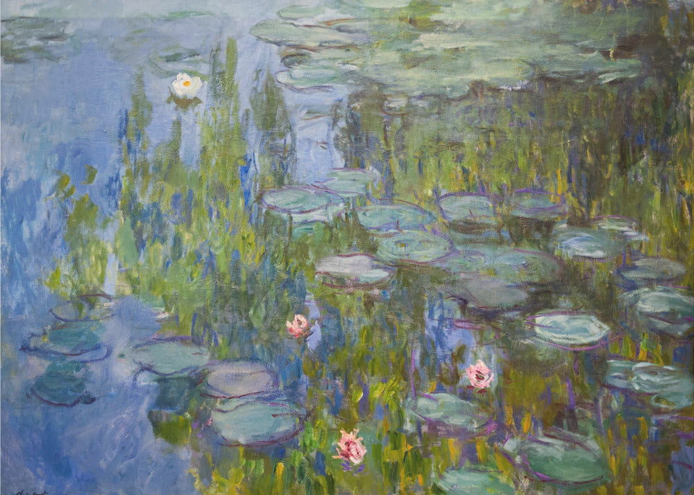 A framed impressionist painting of a water lily pond. The artwork features shades of blue water, numerous green lily pads, and scattered white and pink flowers, all rendered with visible, textured brushstrokes in the style of Monet. Wall Art