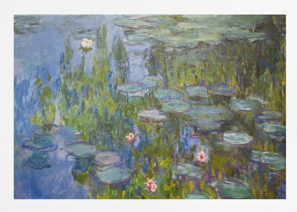 A framed impressionist painting of a water lily pond. The artwork features shades of blue water, numerous green lily pads, and scattered white and pink flowers, all rendered with visible, textured brushstrokes in the style of Monet. Wall Art