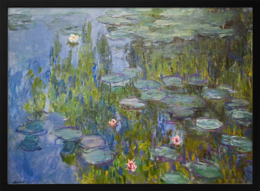 A framed impressionist painting of a water lily pond. The artwork features shades of blue water, numerous green lily pads, and scattered white and pink flowers, all rendered with visible, textured brushstrokes in the style of Monet. Wall Art