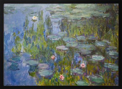 A framed impressionist painting of a water lily pond. The artwork features shades of blue water, numerous green lily pads, and scattered white and pink flowers, all rendered with visible, textured brushstrokes in the style of Monet. Wall Art