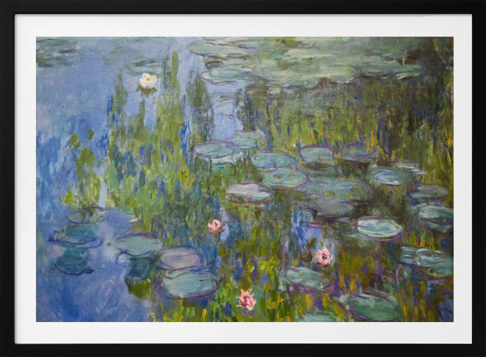 A framed impressionist painting of a water lily pond. The artwork features shades of blue water, numerous green lily pads, and scattered white and pink flowers, all rendered with visible, textured brushstrokes in the style of Monet. Wall Art