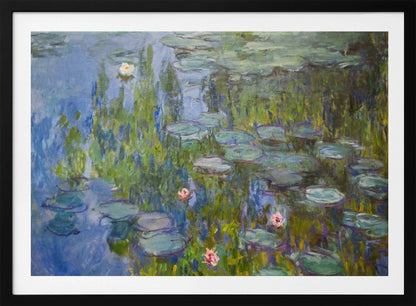 A framed impressionist painting of a water lily pond. The artwork features shades of blue water, numerous green lily pads, and scattered white and pink flowers, all rendered with visible, textured brushstrokes in the style of Monet. Wall Art