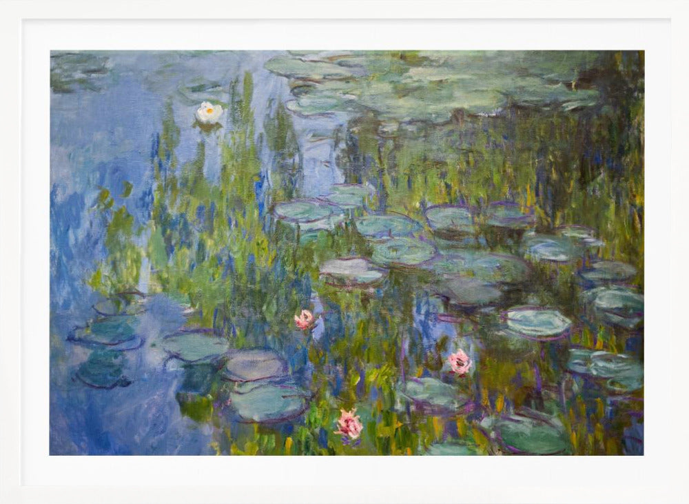 A framed impressionist painting of a water lily pond. The artwork features shades of blue water, numerous green lily pads, and scattered white and pink flowers, all rendered with visible, textured brushstrokes in the style of Monet. Wall Art