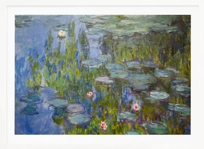 A framed impressionist painting of a water lily pond. The artwork features shades of blue water, numerous green lily pads, and scattered white and pink flowers, all rendered with visible, textured brushstrokes in the style of Monet. Wall Art