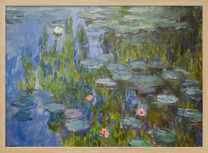 A framed impressionist painting of a water lily pond. The artwork features shades of blue water, numerous green lily pads, and scattered white and pink flowers, all rendered with visible, textured brushstrokes in the style of Monet. Wall Art