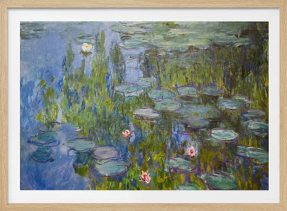 A framed impressionist painting of a water lily pond. The artwork features shades of blue water, numerous green lily pads, and scattered white and pink flowers, all rendered with visible, textured brushstrokes in the style of Monet. Wall Art