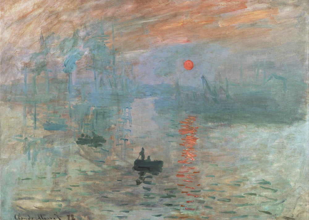 A framed Impressionist painting by Claude Monet titled 'Impression, Sunrise.' It depicts a hazy, misty harbor scene with a bright red-orange sun rising in the sky and reflecting on the water. Silhouettes of boats and industrial ships are visible through the fog. Wall Art
