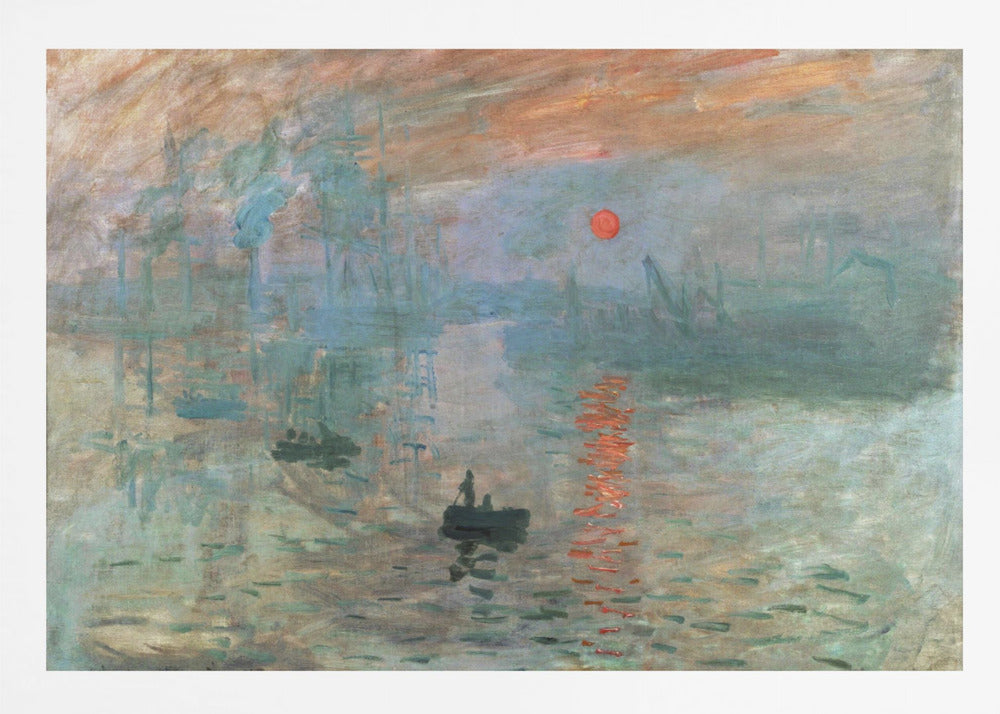 A framed Impressionist painting by Claude Monet titled 'Impression, Sunrise.' It depicts a hazy, misty harbor scene with a bright red-orange sun rising in the sky and reflecting on the water. Silhouettes of boats and industrial ships are visible through the fog. Wall Art