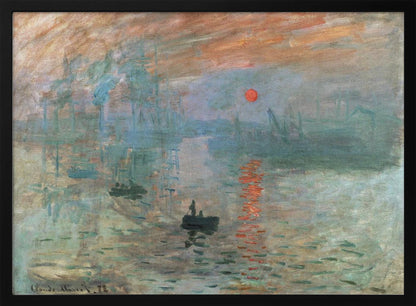 A framed Impressionist painting by Claude Monet titled 'Impression, Sunrise.' It depicts a hazy, misty harbor scene with a bright red-orange sun rising in the sky and reflecting on the water. Silhouettes of boats and industrial ships are visible through the fog. Wall Art